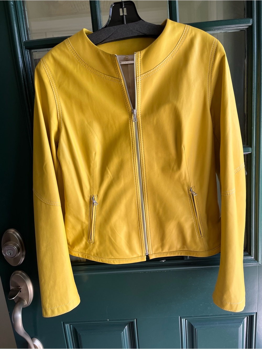 Elie Tahari Butter Yellow Leather Jacket with Collarless Neckline